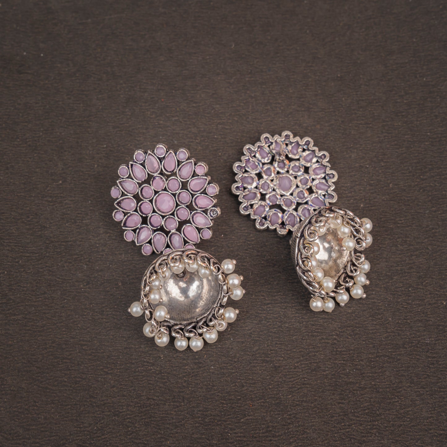 Baby Pink Stone Studded German Silver Statement Earrings With Brass Jhumki