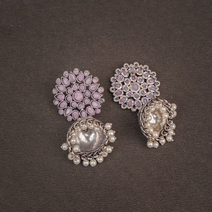 Baby Pink Stone Studded German Silver Statement Earrings With Brass Jhumki