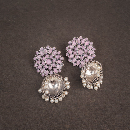 Baby Pink Stone Studded German Silver Statement Earrings With Brass Jhumki