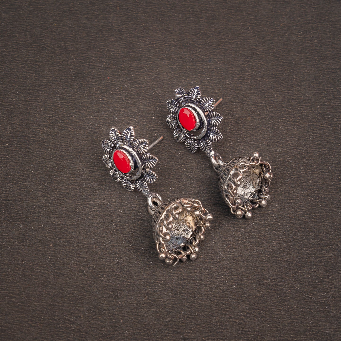 Dark Red Stone Studded Oxidised Dangler Earrings