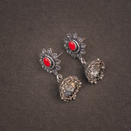 Dark Red Stone Studded Oxidised Dangler Earrings