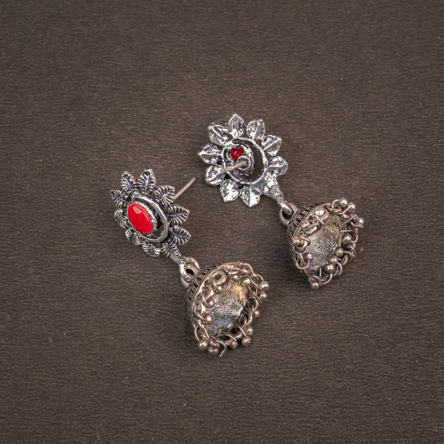 Dark Red Stone Studded Oxidised Dangler Earrings