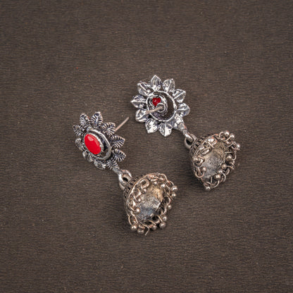 Dark Red Stone Studded Oxidised Dangler Earrings