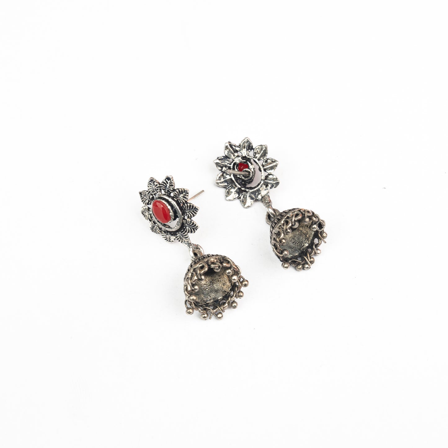 Dark Red Stone Studded Oxidised Dangler Earrings