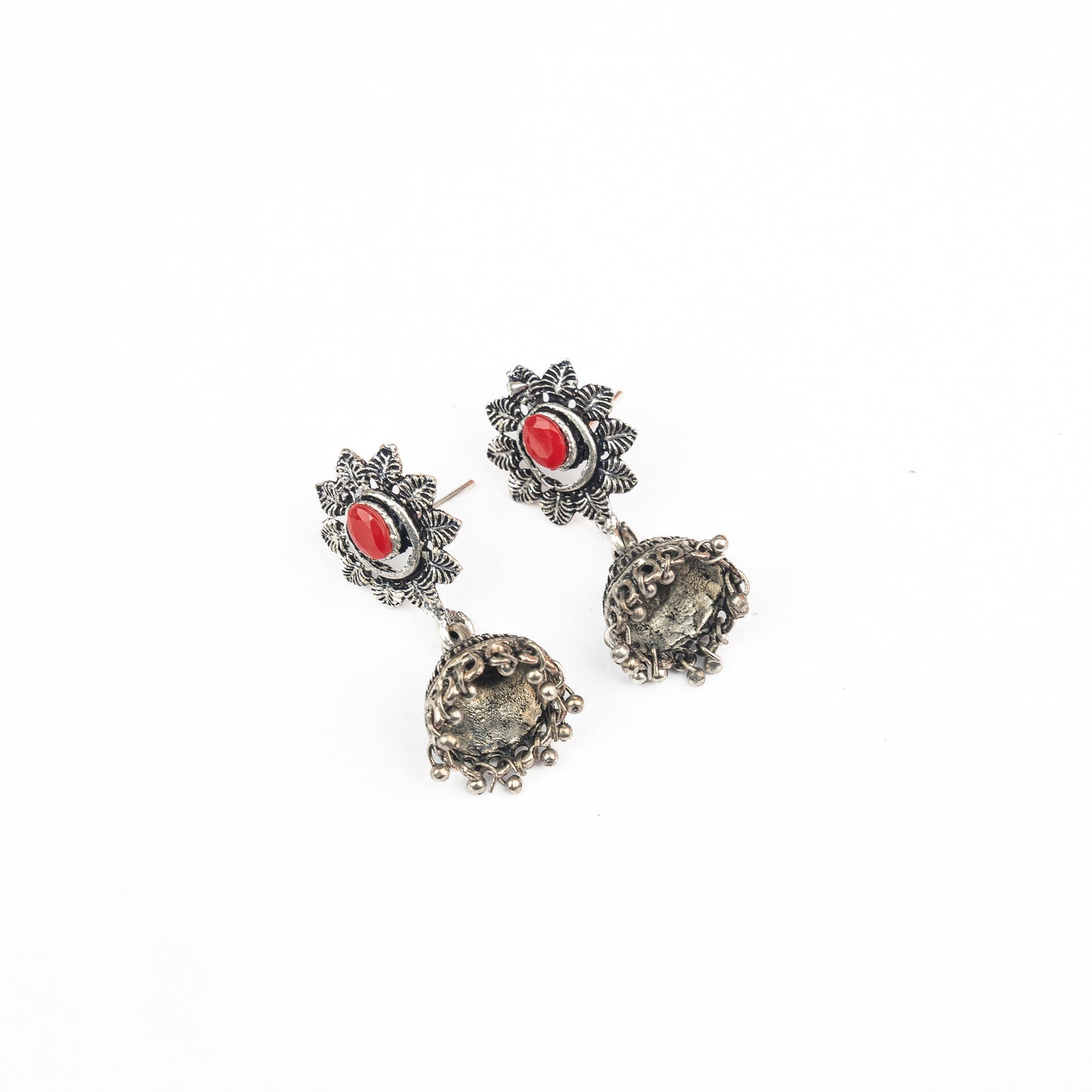 Dark Red Stone Studded Oxidised Dangler Earrings
