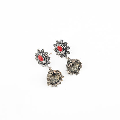 Dark Red Stone Studded Oxidised Dangler Earrings