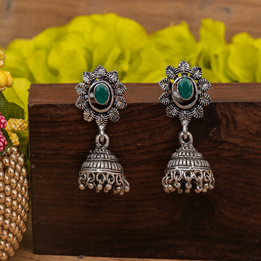 Green Stone Studded Oxidised Dangler Earrings