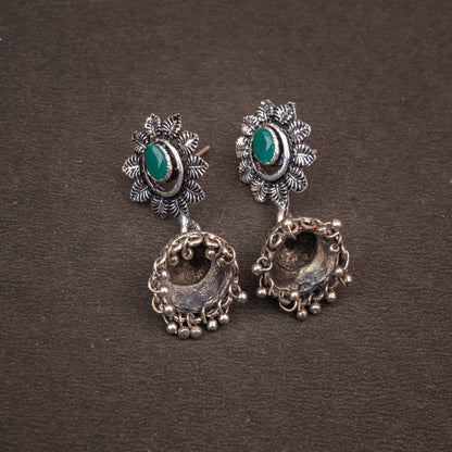 Green Stone Studded Oxidised Dangler Earrings