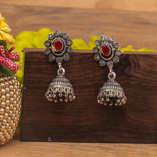 Dark Maroon Stone Studded Oxidised Dangler Earrings