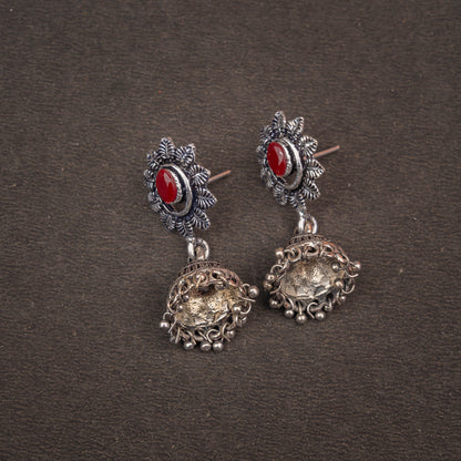 Dark Maroon Stone Studded Oxidised Dangler Earrings