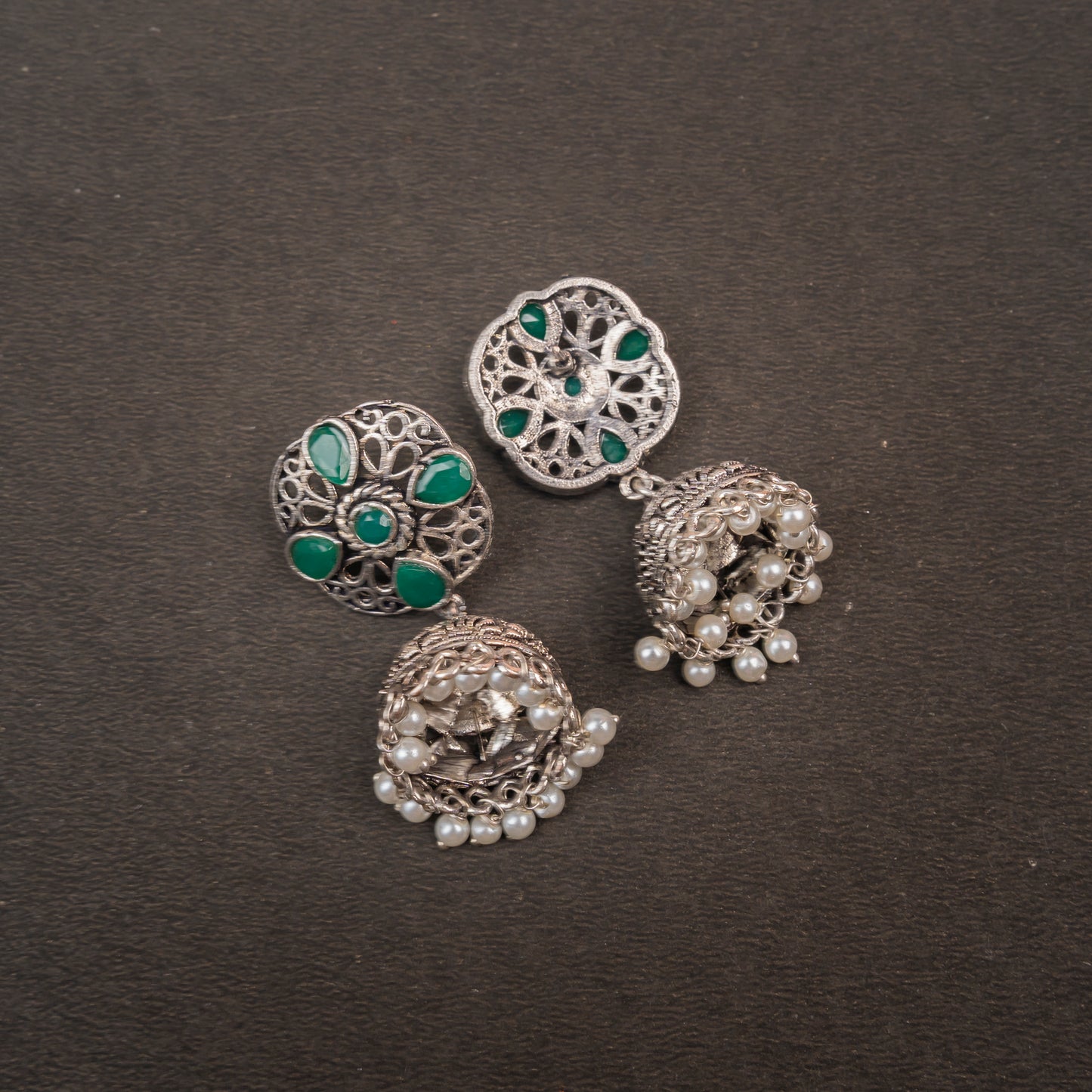 Green Stone Studded Statement Earrings With Hanging Jhumka Embellished With Baby Pearls