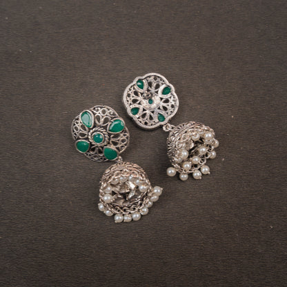 Green Stone Studded Statement Earrings With Hanging Jhumka Embellished With Baby Pearls