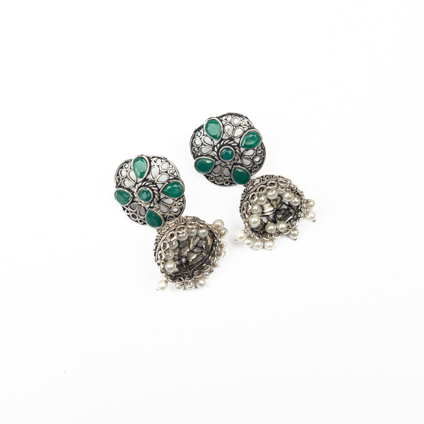 Green Stone Studded Statement Earrings With Hanging Jhumka Embellished With Baby Pearls
