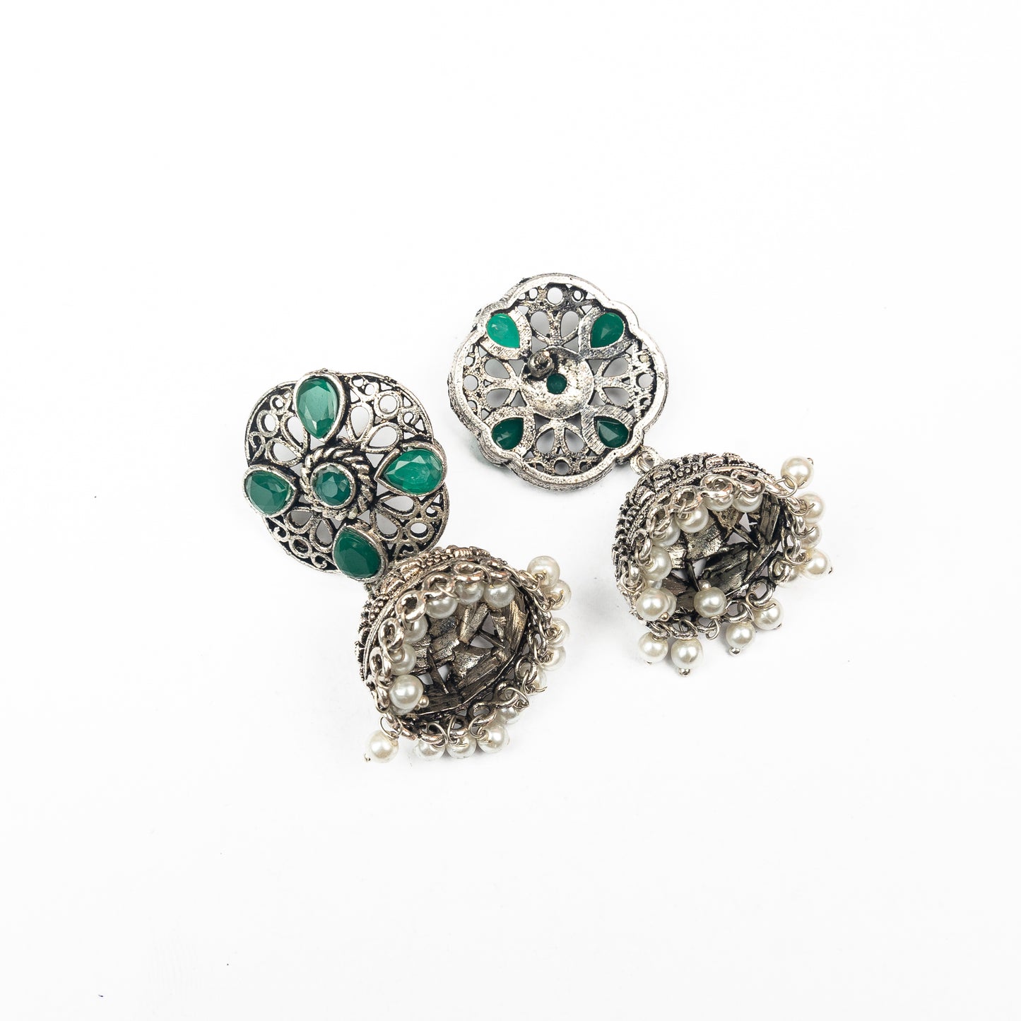 Green Stone Studded Statement Earrings With Hanging Jhumka Embellished With Baby Pearls