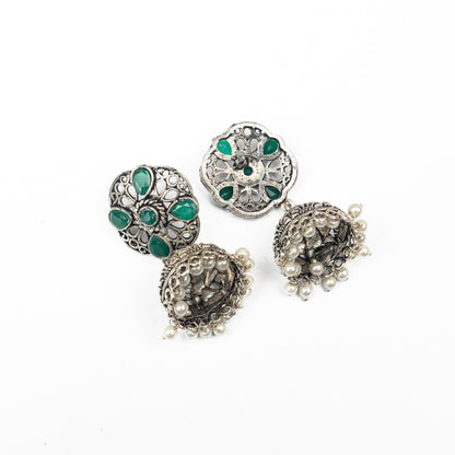 Green Stone Studded Statement Earrings With Hanging Jhumka Embellished With Baby Pearls