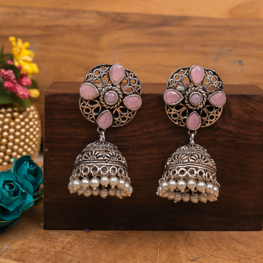 Baby Pink Stone Studded Statement Earrings With Hanging Jhumka Embellished With Baby Pearls