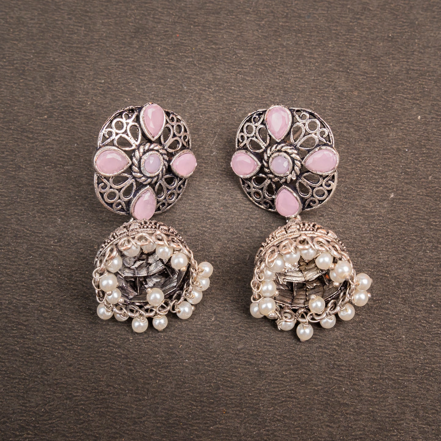 Baby Pink Stone Studded Statement Earrings With Hanging Jhumka Embellished With Baby Pearls