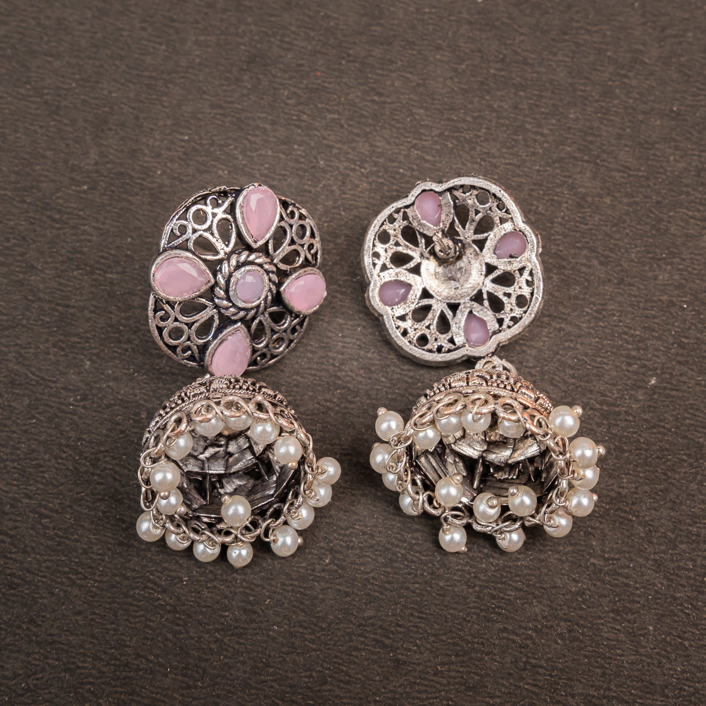 Baby Pink Stone Studded Statement Earrings With Hanging Jhumka Embellished With Baby Pearls