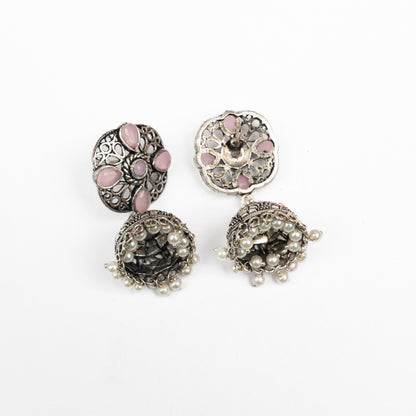 Baby Pink Stone Studded Statement Earrings With Hanging Jhumka Embellished With Baby Pearls