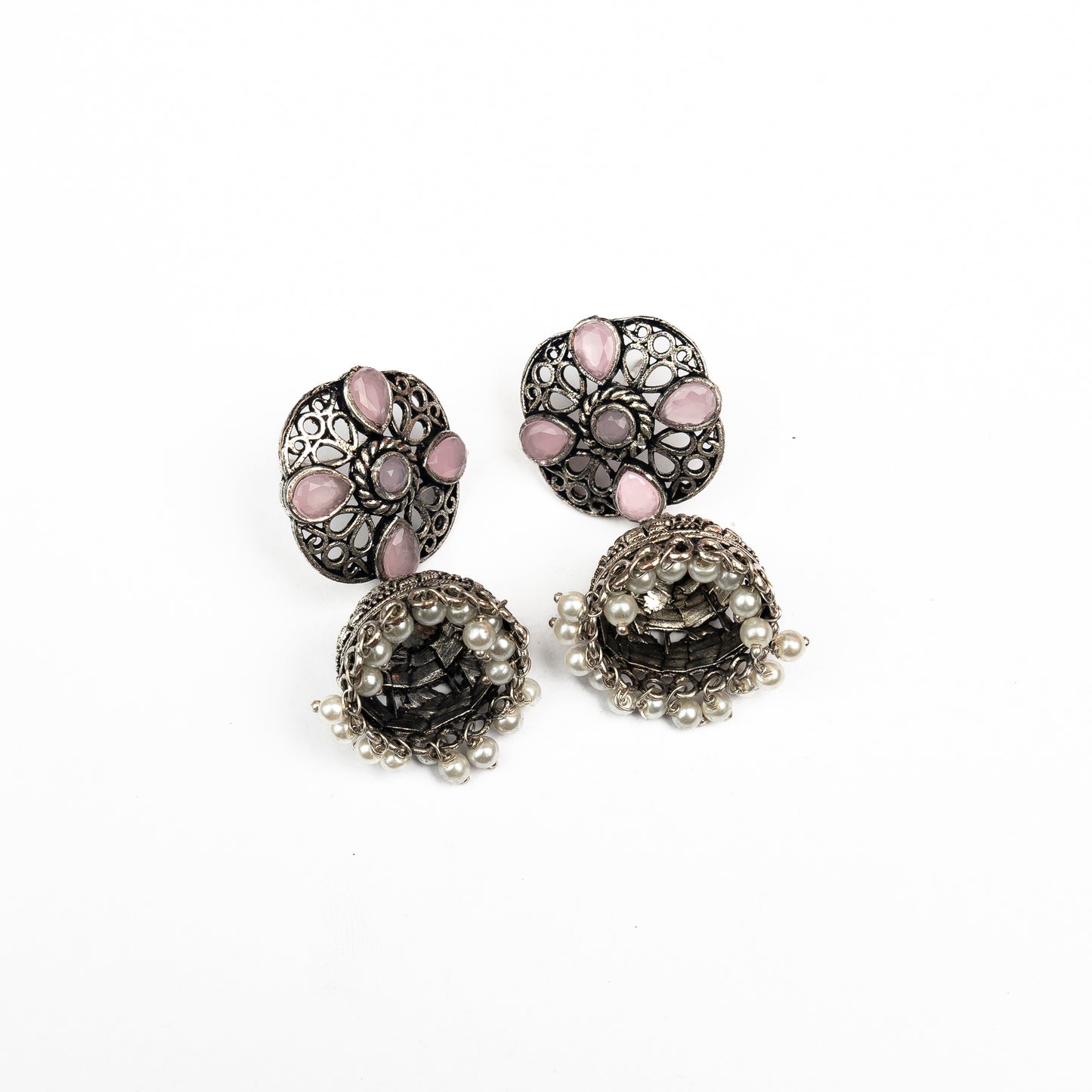 Baby Pink Stone Studded Statement Earrings With Hanging Jhumka Embellished With Baby Pearls