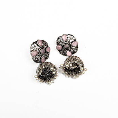 Baby Pink Stone Studded Statement Earrings With Hanging Jhumka Embellished With Baby Pearls