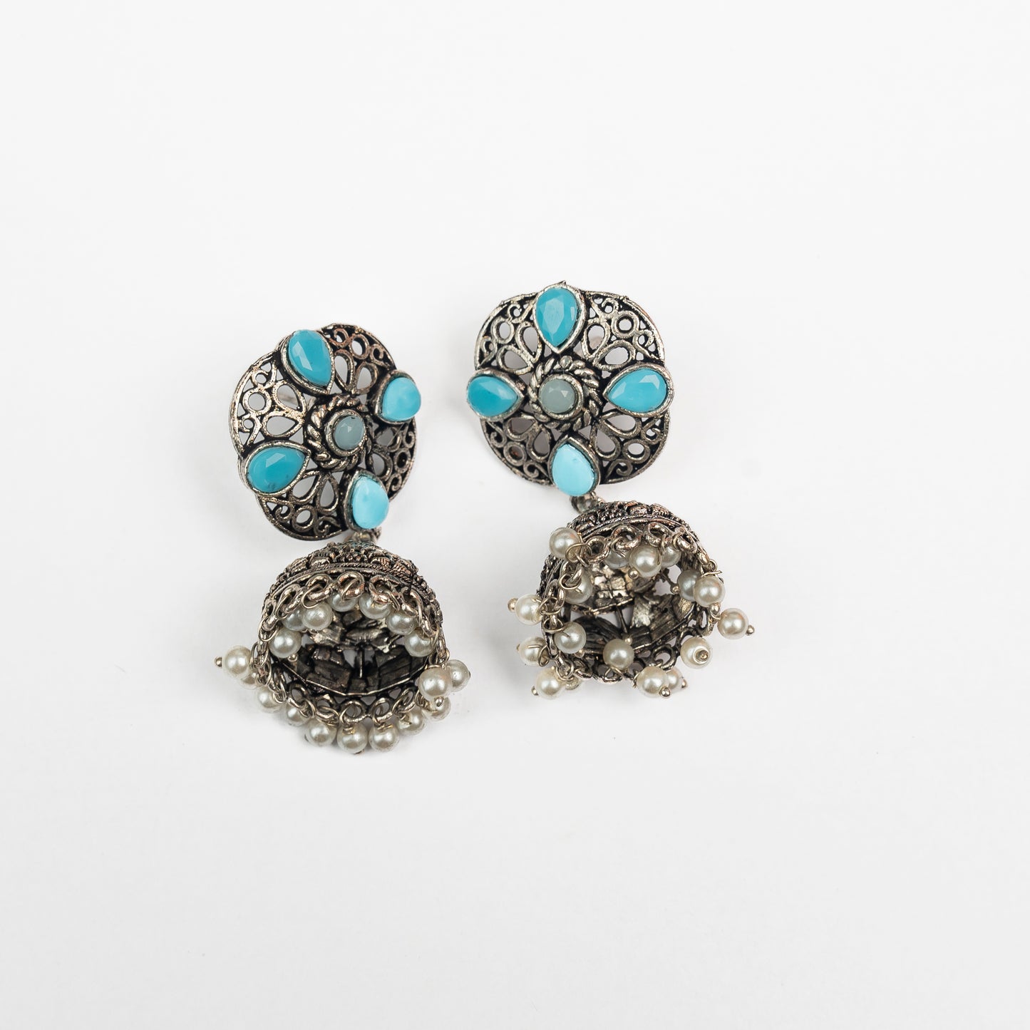 Sky Blue Stone Studded Statement Earrings With Hanging Jhumka Embellished With Baby Pearls