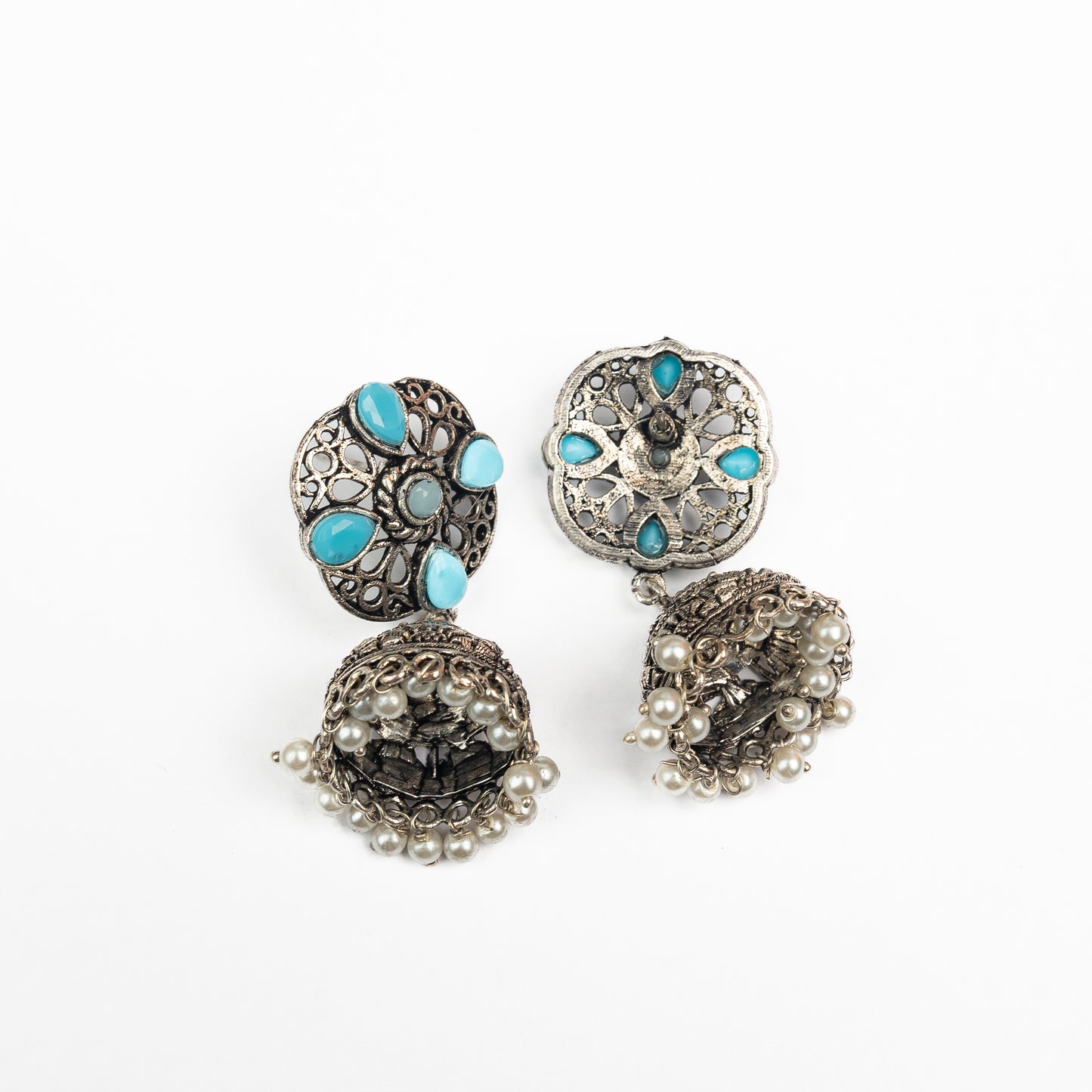 Sky Blue Stone Studded Statement Earrings With Hanging Jhumka Embellished With Baby Pearls