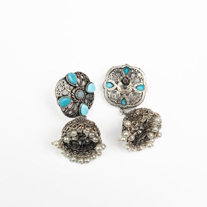 Sky Blue Stone Studded Statement Earrings With Hanging Jhumka Embellished With Baby Pearls