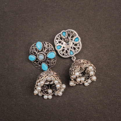 Sky Blue Stone Studded Statement Earrings With Hanging Jhumka Embellished With Baby Pearls