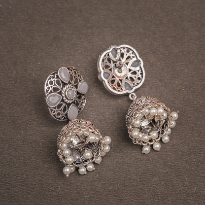 Grey Stone Studded Statement Earrings With Hanging Jhumka Embellished With Baby Pearls