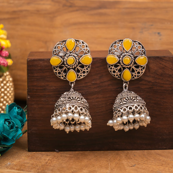 Yellow Stone Studded Statement Earrings With Hanging Jhumka Embellished With Baby Pearls