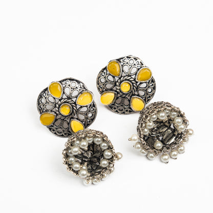 Yellow Stone Studded Statement Earrings With Hanging Jhumka Embellished With Baby Pearls