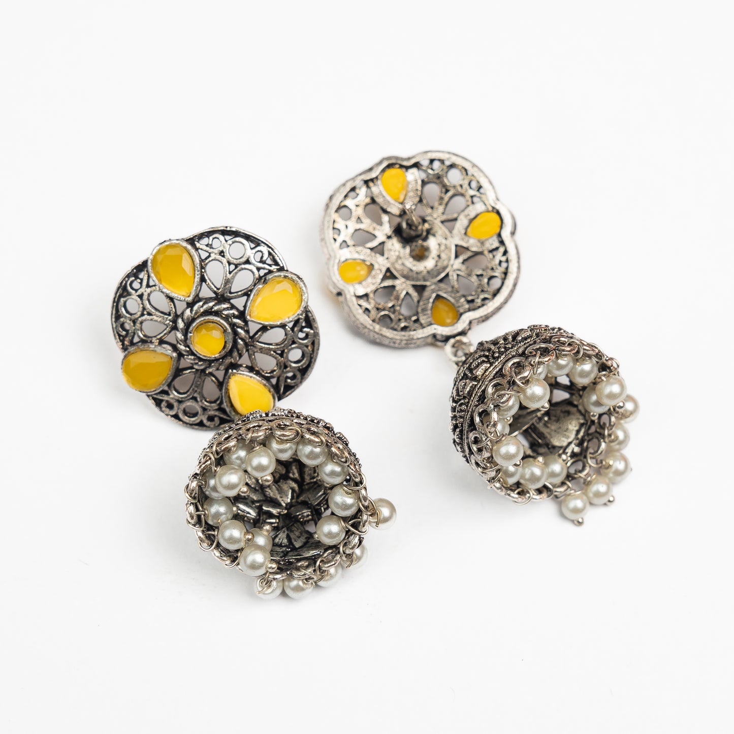 Yellow Stone Studded Statement Earrings With Hanging Jhumka Embellished With Baby Pearls