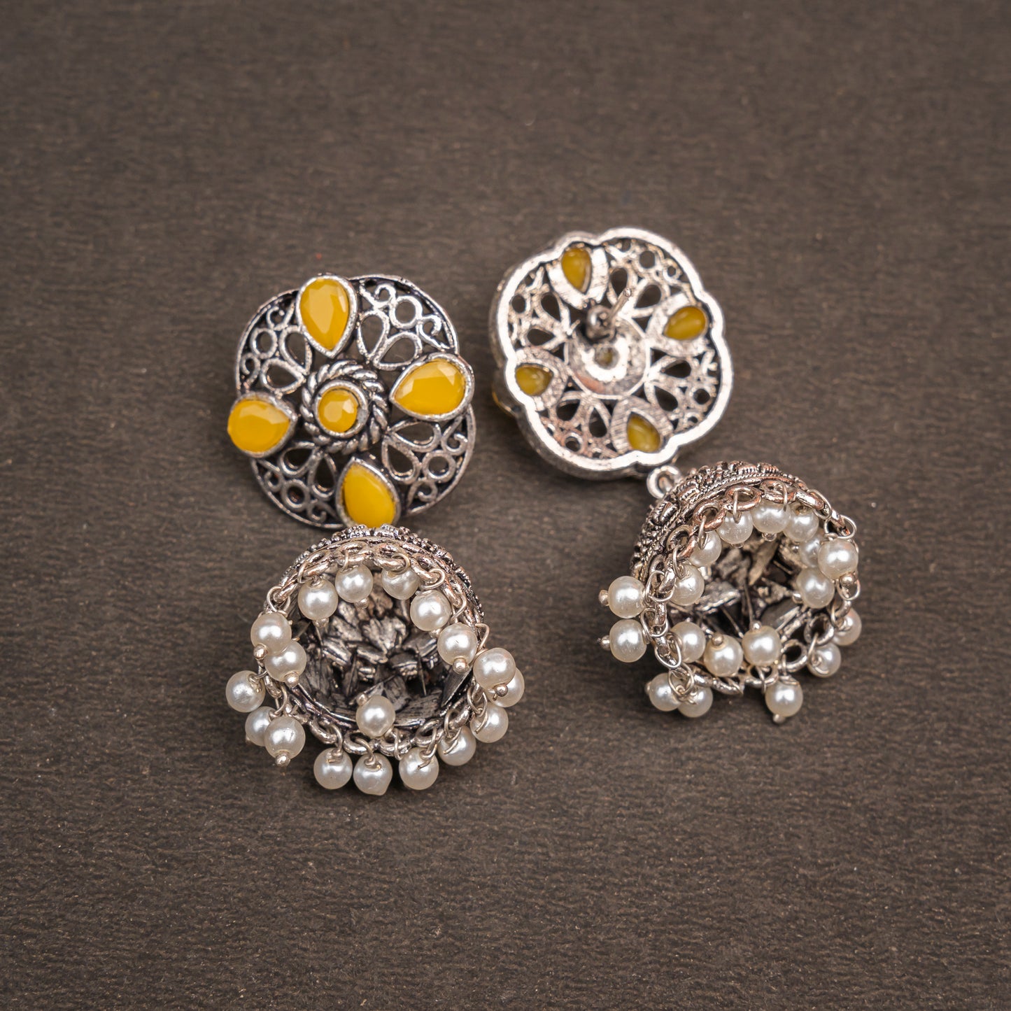 Yellow Stone Studded Statement Earrings With Hanging Jhumka Embellished With Baby Pearls