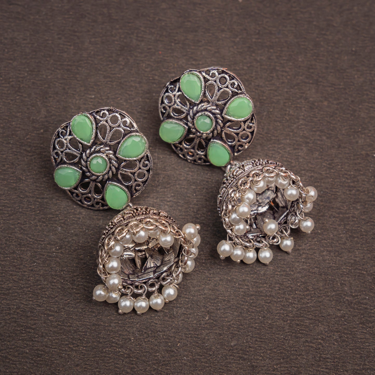 Pista Stone Studded Statement Earrings With Hanging Jhumka Embellished With Baby Pearls
