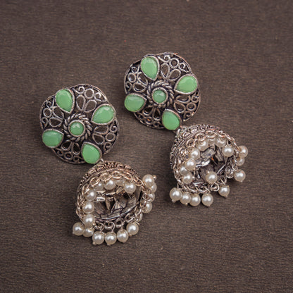 Pista Stone Studded Statement Earrings With Hanging Jhumka Embellished With Baby Pearls