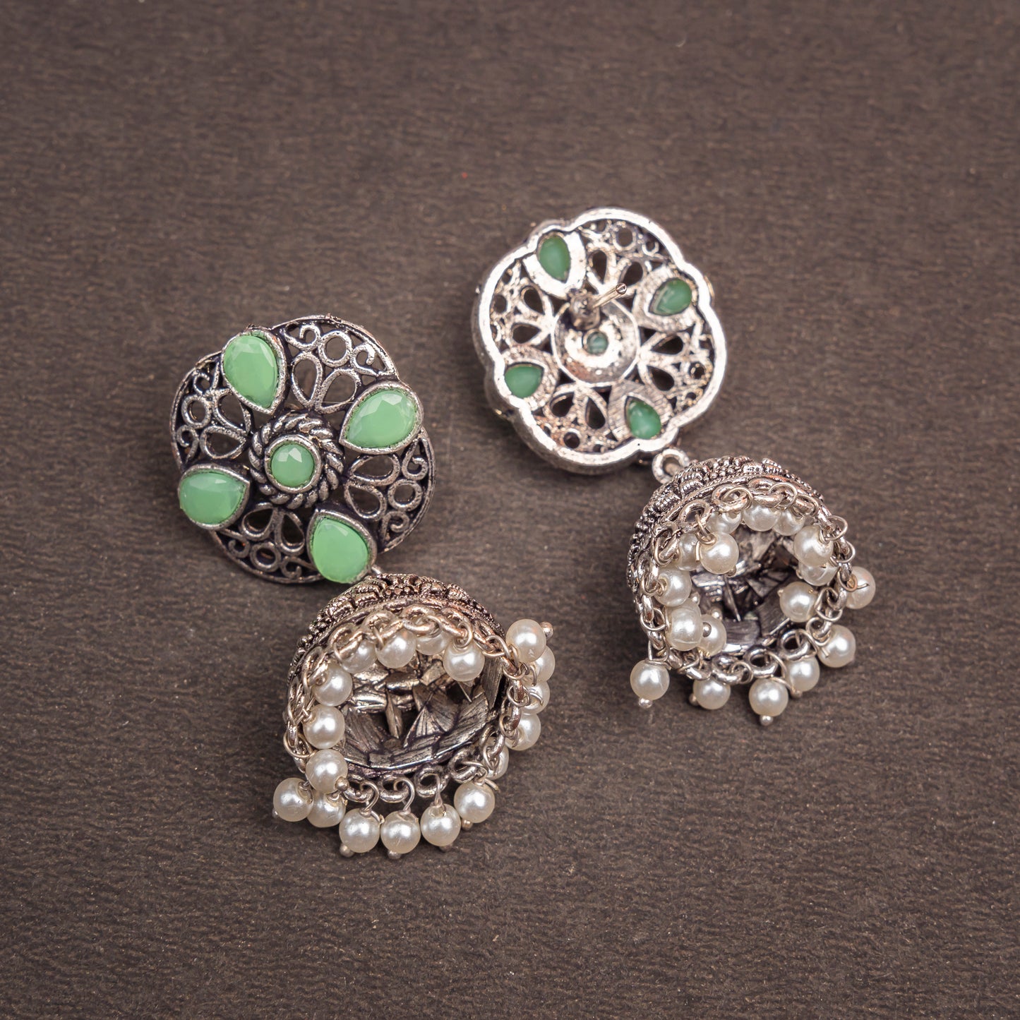 Pista Stone Studded Statement Earrings With Hanging Jhumka Embellished With Baby Pearls