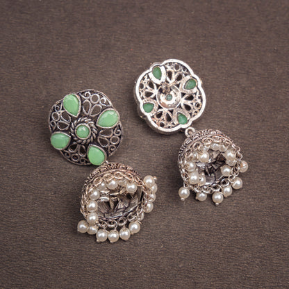 Pista Stone Studded Statement Earrings With Hanging Jhumka Embellished With Baby Pearls