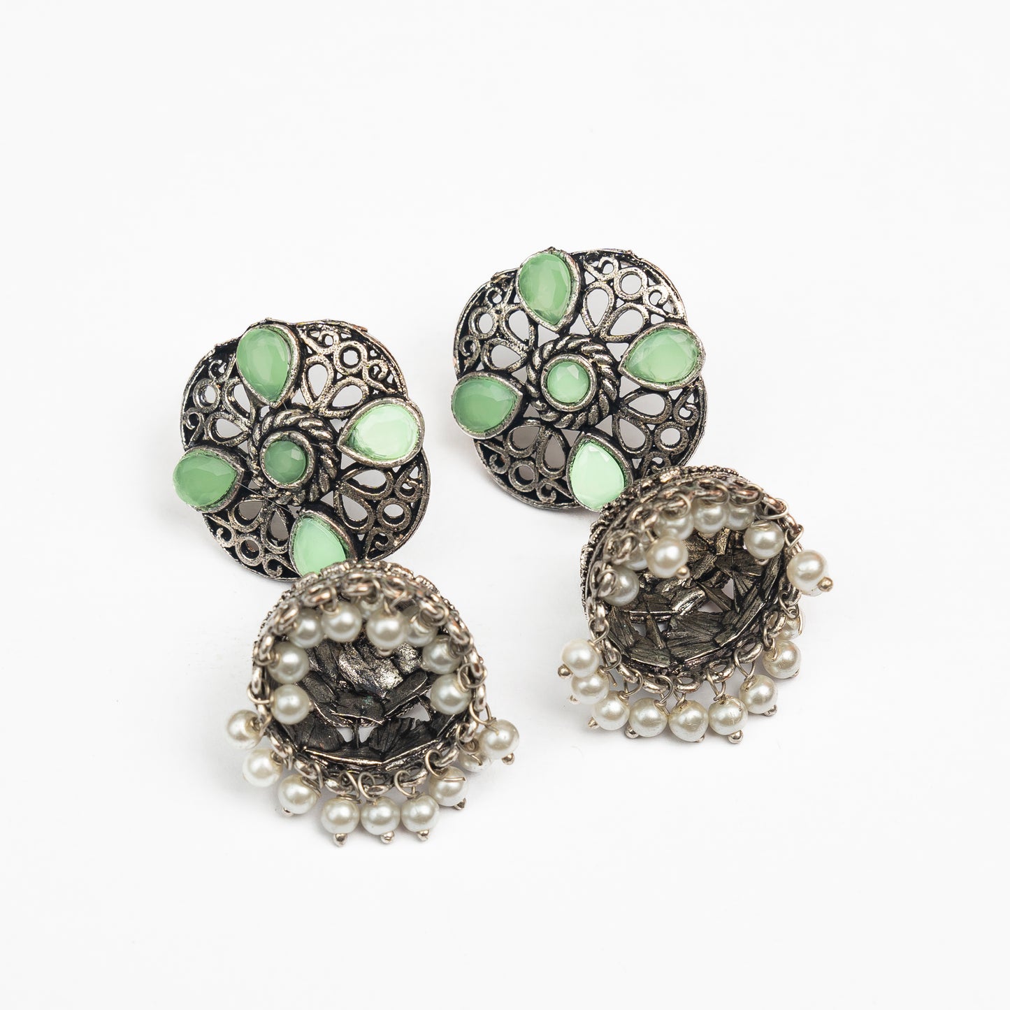 Pista Stone Studded Statement Earrings With Hanging Jhumka Embellished With Baby Pearls
