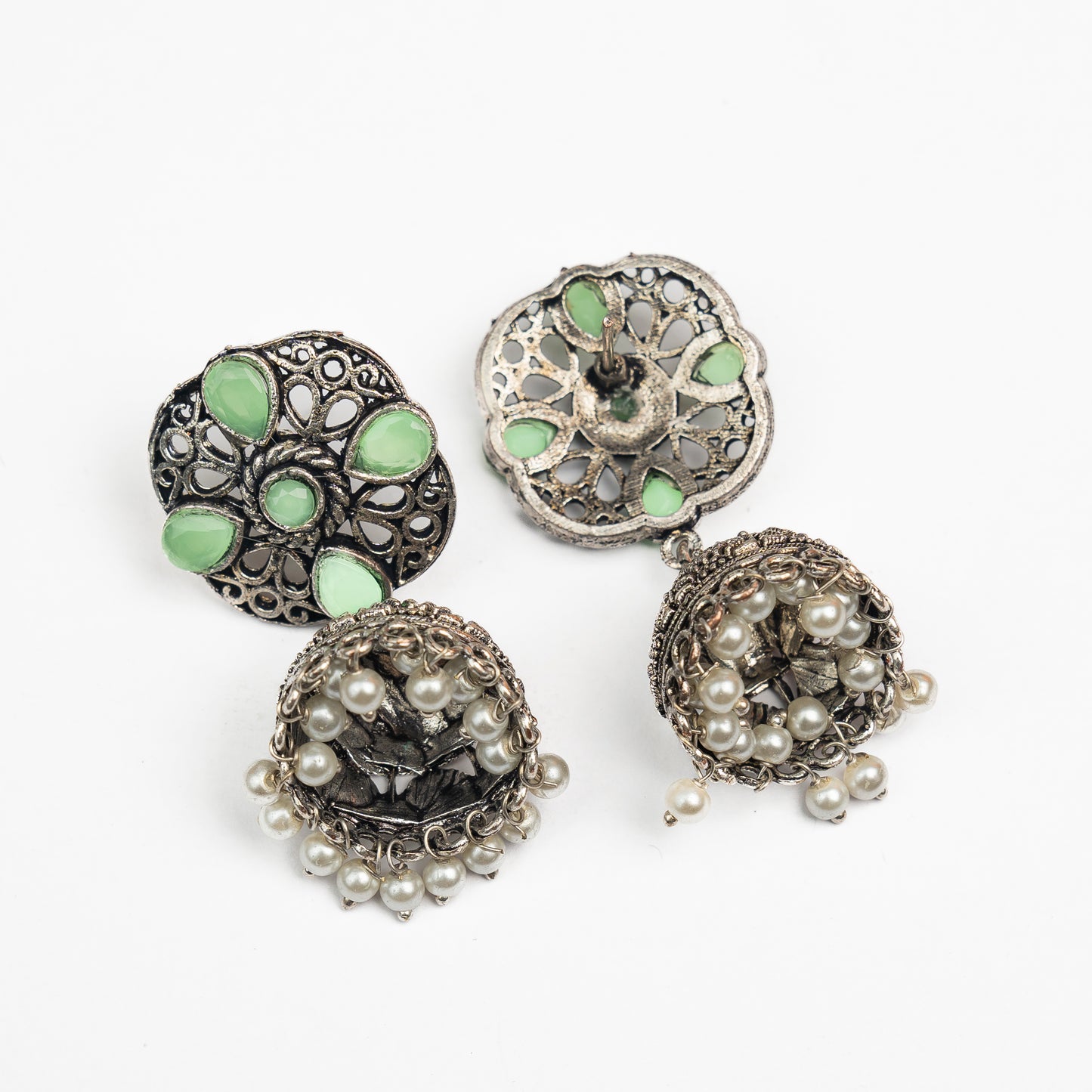 Pista Stone Studded Statement Earrings With Hanging Jhumka Embellished With Baby Pearls