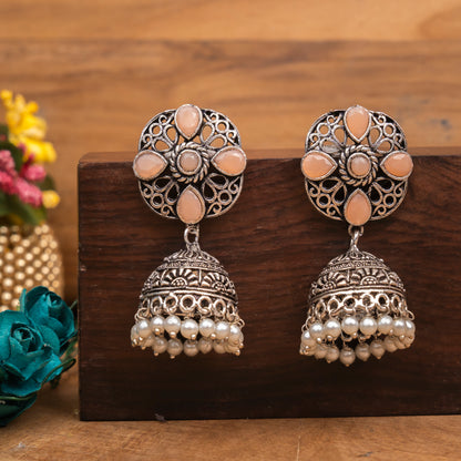 Light Orangish Stone Studded Statement Earrings With Hanging Jhumka Embellished With Baby Pearls