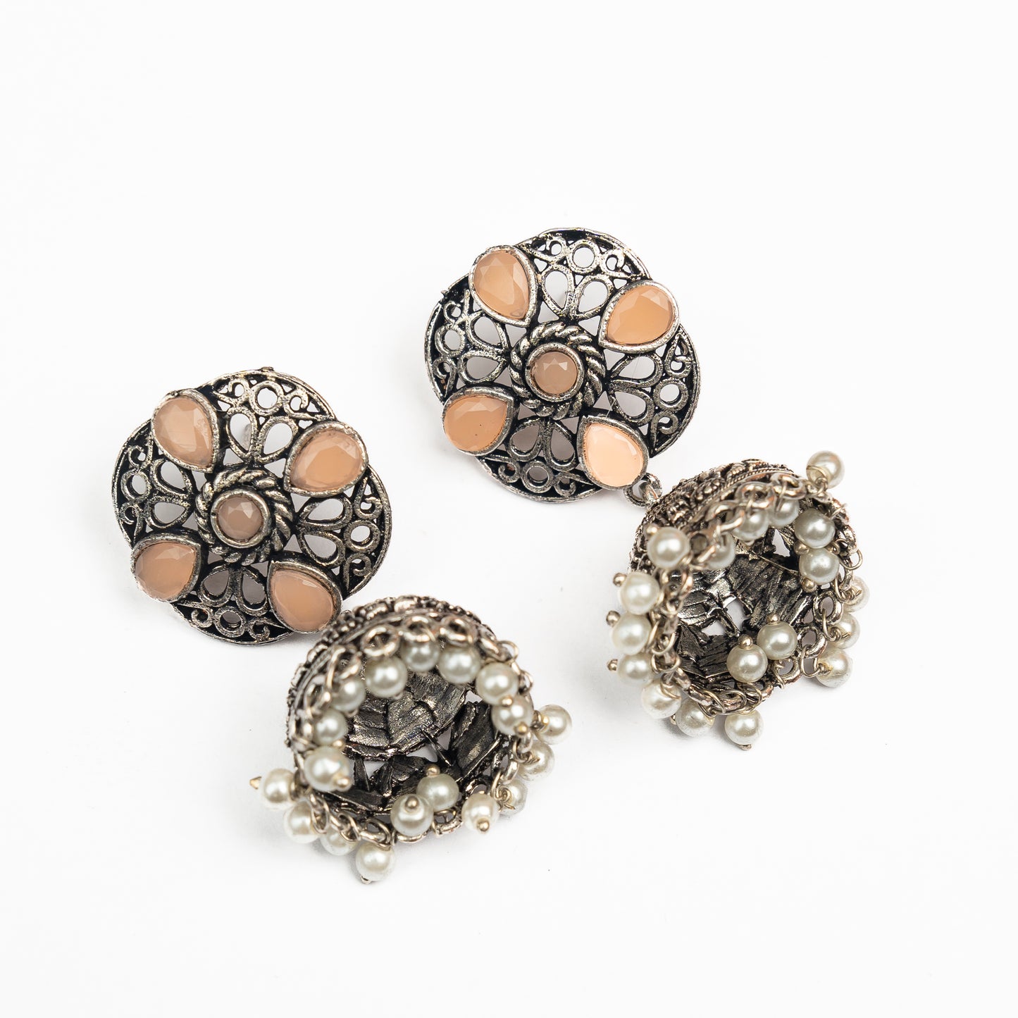 Light Orangish Stone Studded Statement Earrings With Hanging Jhumka Embellished With Baby Pearls