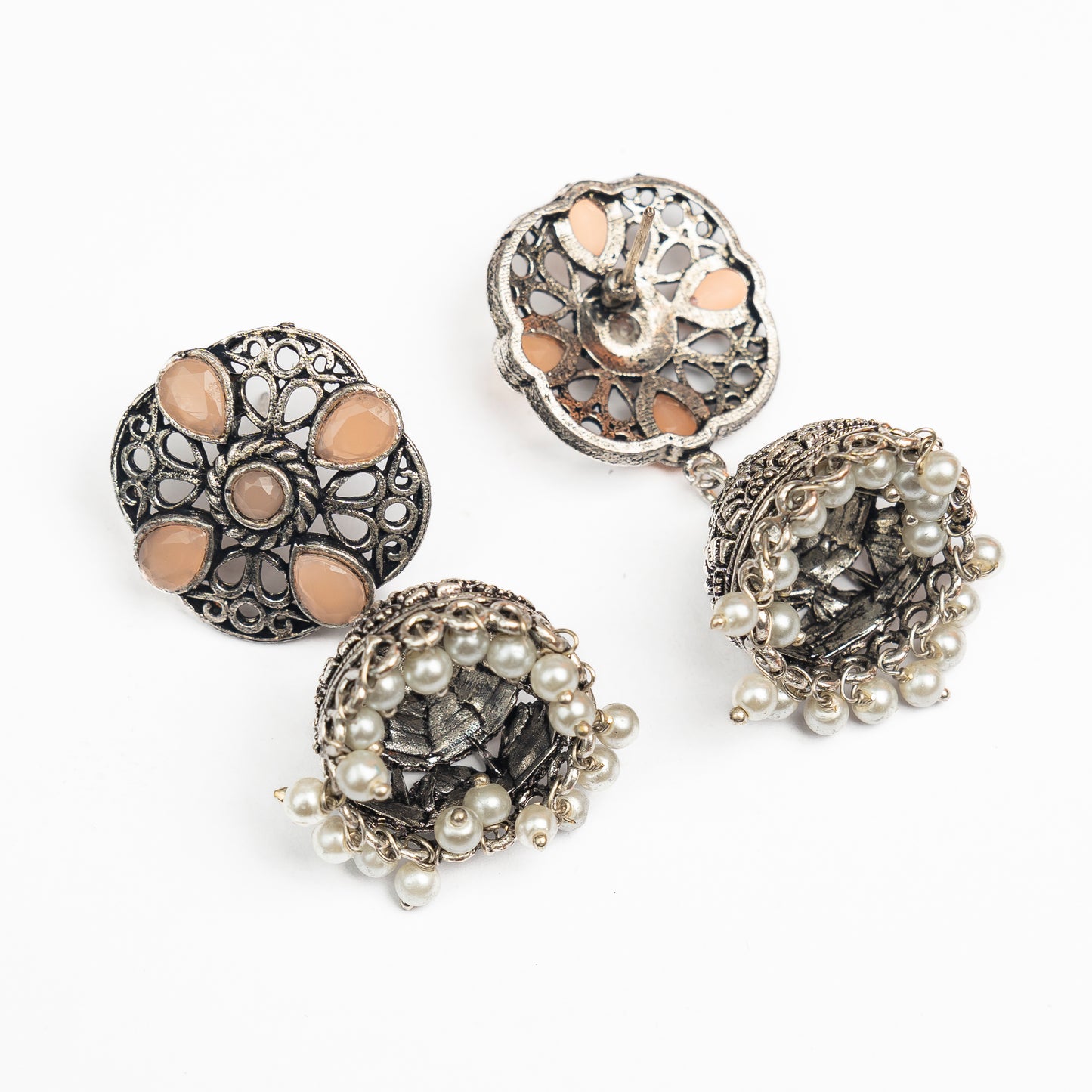 Light Orangish Stone Studded Statement Earrings With Hanging Jhumka Embellished With Baby Pearls