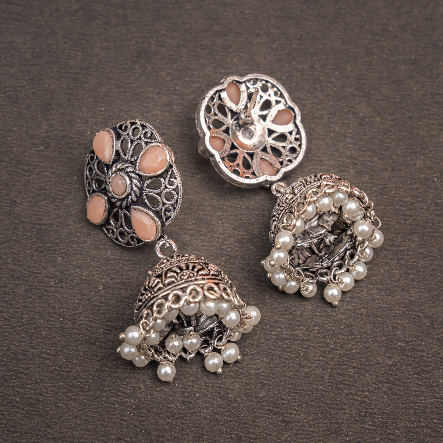 Light Orangish Stone Studded Statement Earrings With Hanging Jhumka Embellished With Baby Pearls