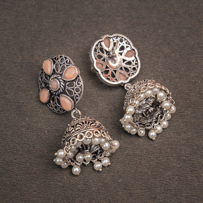 Light Orangish Stone Studded Statement Earrings With Hanging Jhumka Embellished With Baby Pearls