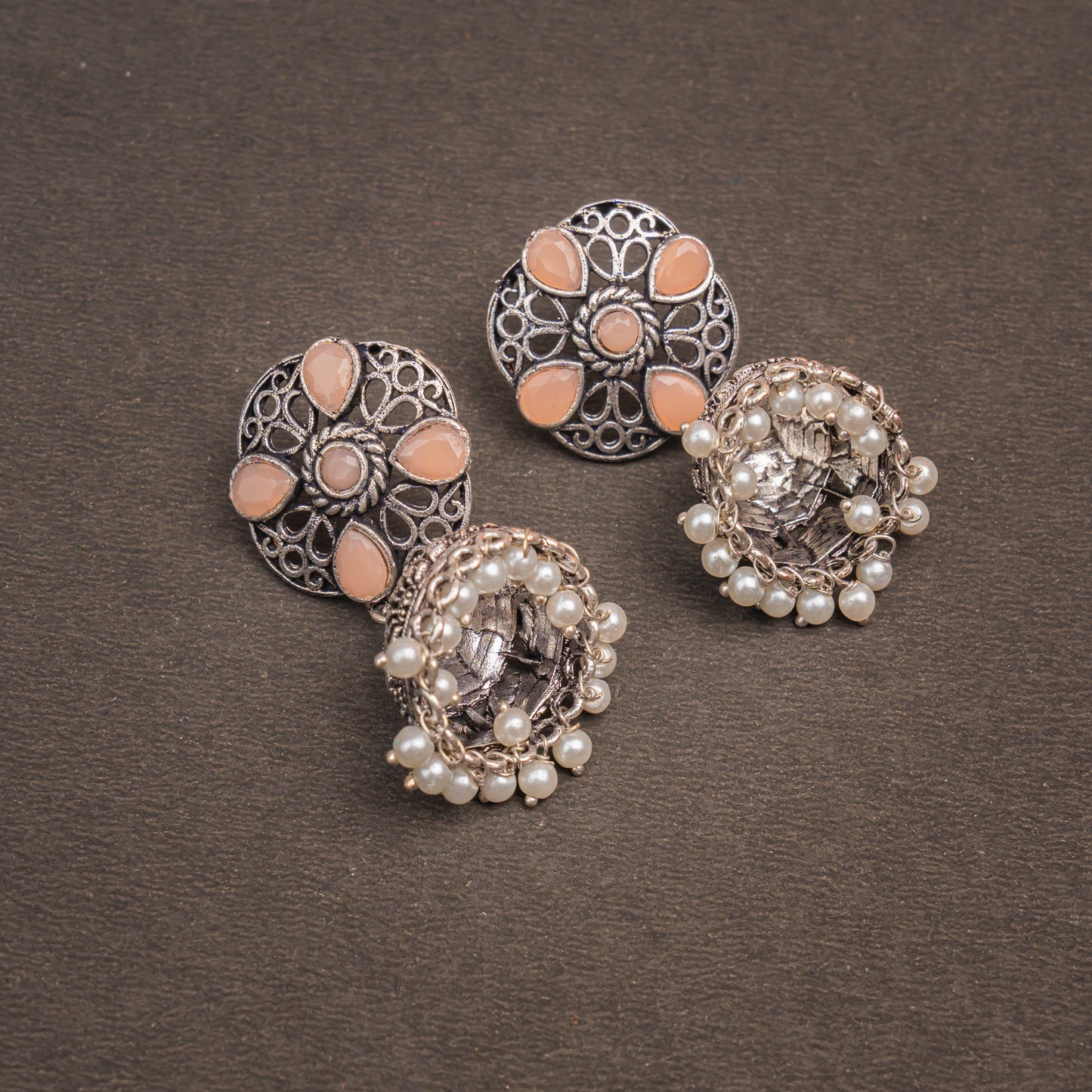 Light Orangish Stone Studded Statement Earrings With Hanging Jhumka Embellished With Baby Pearls