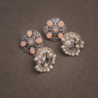 Light Orangish Stone Studded Statement Earrings With Hanging Jhumka Embellished With Baby Pearls