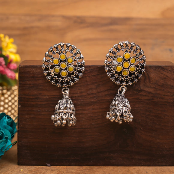 Yellow Stone Studded Oxidised Earrings With Hanging Jhumki