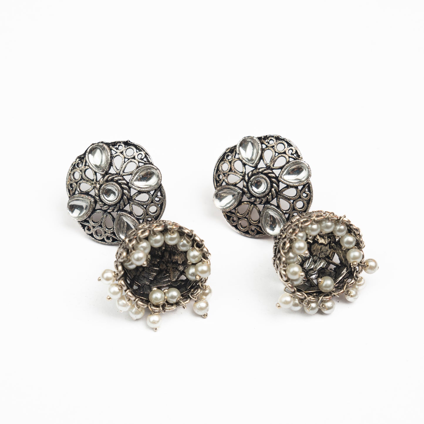 White Stone Studded Statement Earrings With Hanging Jhumka Embellished With Baby Pearls