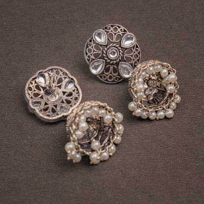 White Stone Studded Statement Earrings With Hanging Jhumka Embellished With Baby Pearls